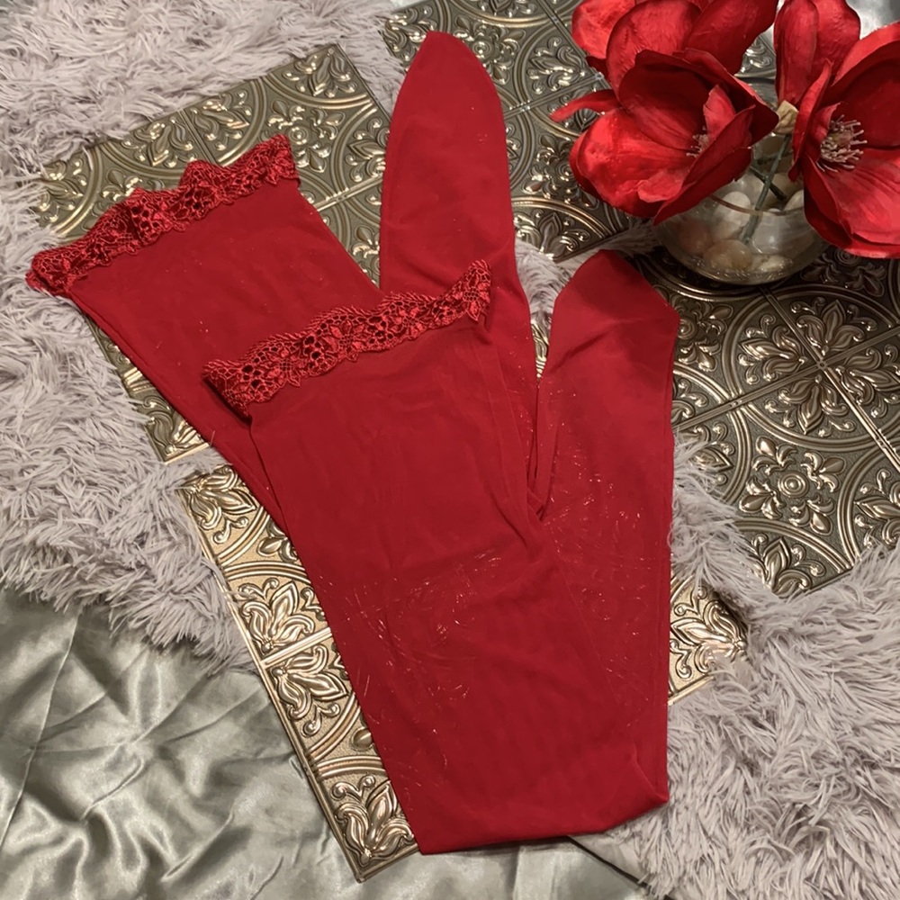 🌹Vintage Red Lace Trim Super Sexy Thigh High Tights Hosiery - Beautiful